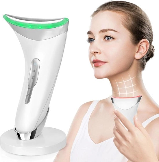 Apparecchio per il viso, 45°C Lifting EMS Terapia di riscaldamento, Doppia massaggiatrice per il viso elettrica, 3 livelli LED, Trattamento intensivo per il viso e la gola - Terapia di illuminazione del viso - Bianco