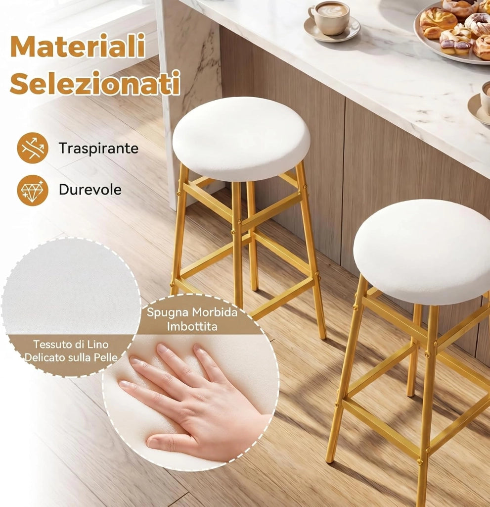 Set di 2 Sgabelli Alti Rotondi da Bar (Bianco) | Sgabelli con Seduta Imbottita, Pioggiapiedi Ergonomico, Portata 150 kg per Cucina e Sala da Pranzo, 33,5 x 33,5 x 73 cm
