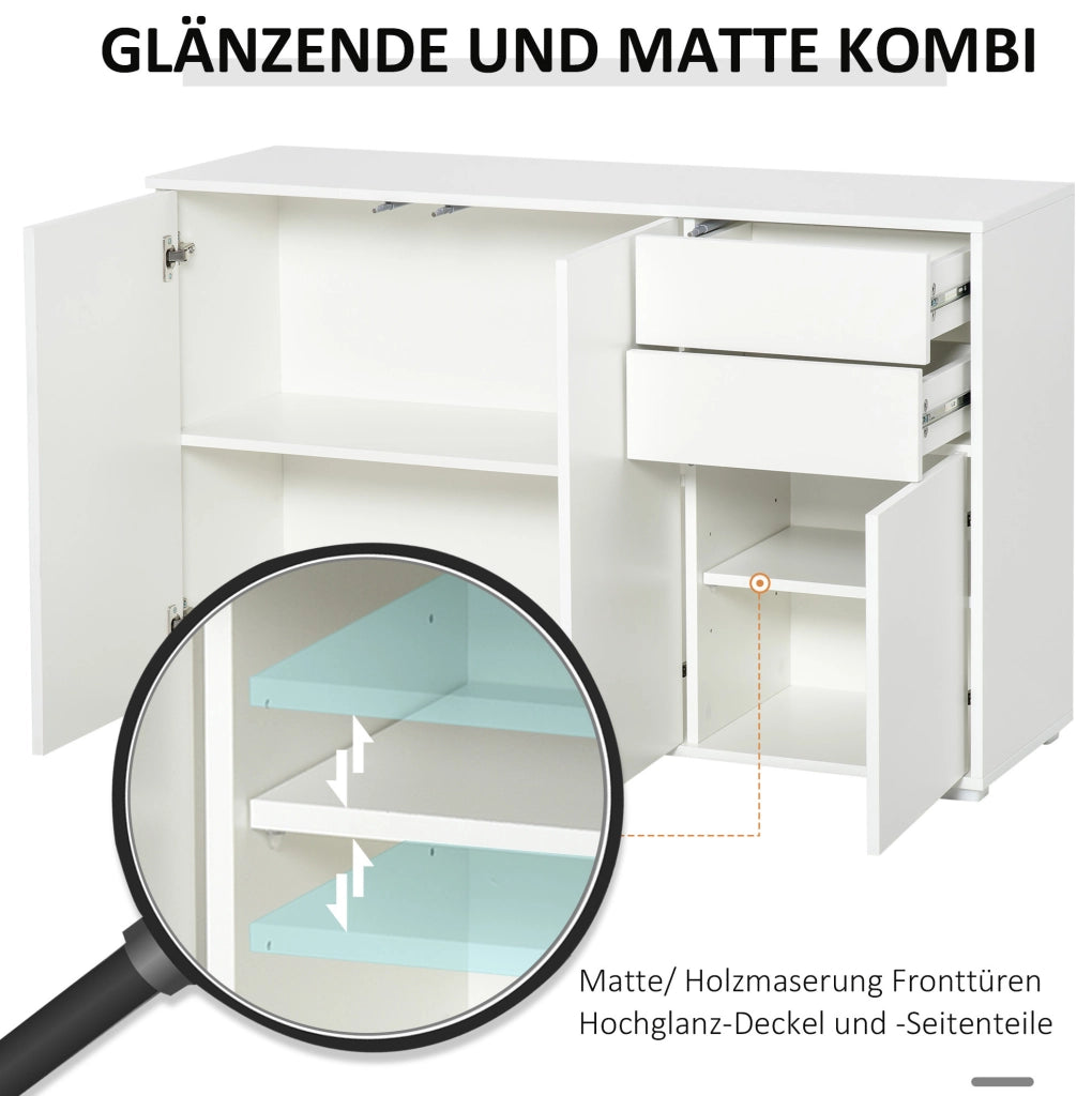 Credenza bianca con 2 cassetti e 3 ante, armadio versatile 117x36x74 cm