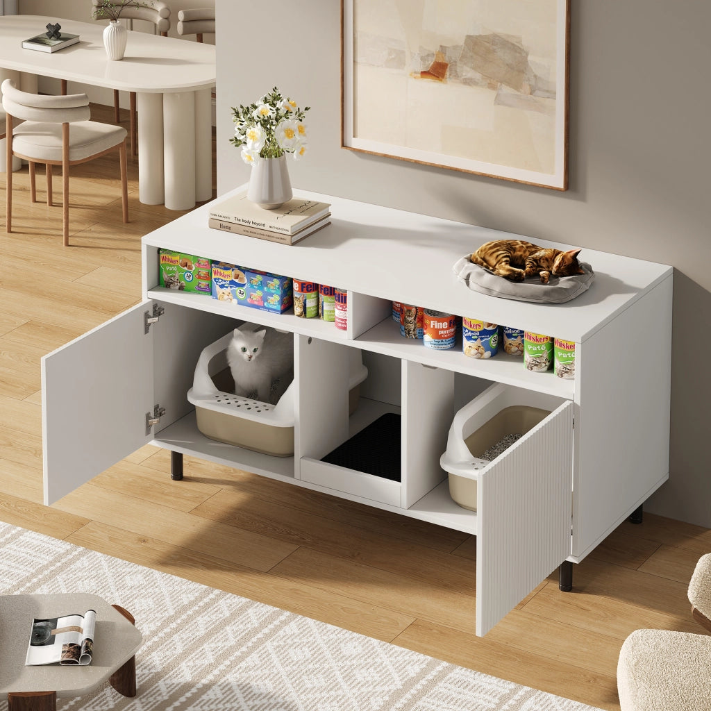 Mobile per lettiera per gatti con anta doppia, ripiani e tappetino raccogli-sabbia, 120x50x66 cm, bianco