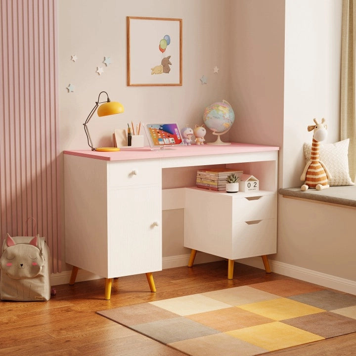 Scrivania bianca per ragazze con cassettiera e piano rosa in stile loft, pratica