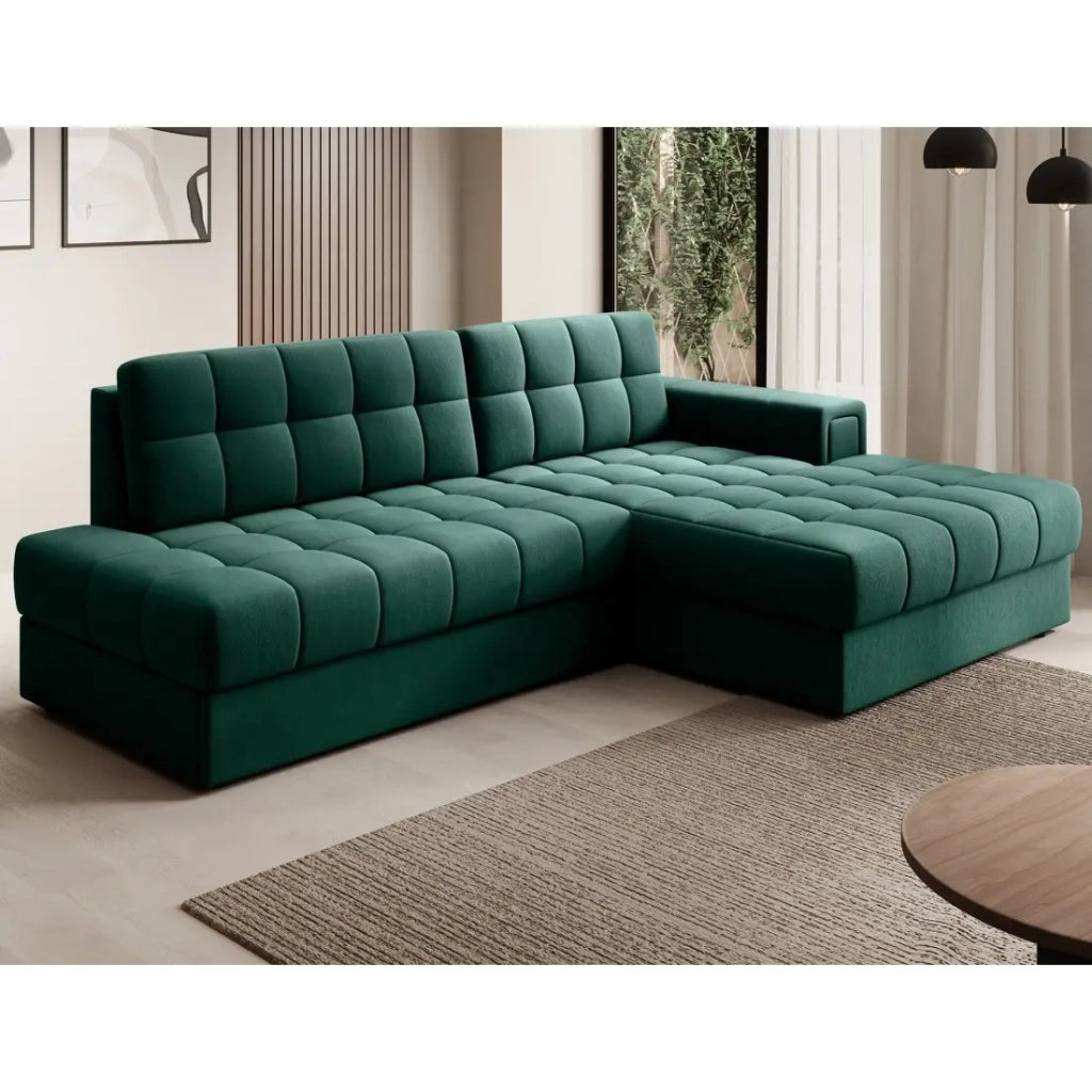 Divano angolare trasformabile CUBITO verde 240 cm con contenitore e letto