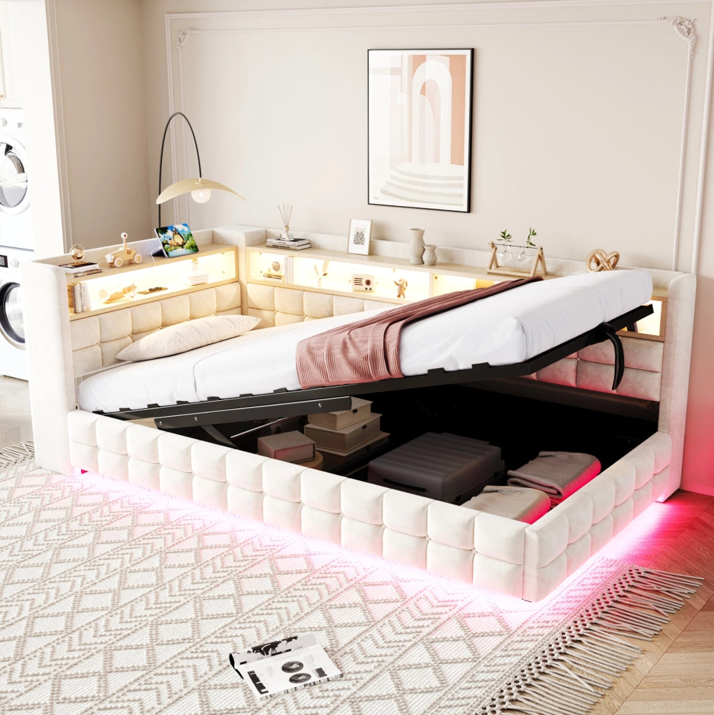 Letto imbottito 90x200 cm beige in velluto con contenitore, LED e prese