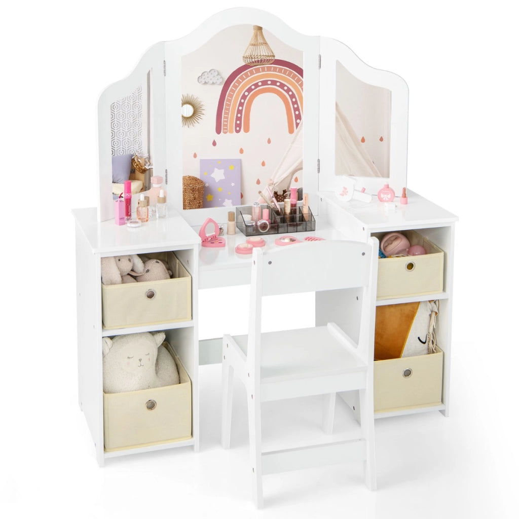 Toeletta da trucco con sgabello per bambini-Set da gioco da principessa con 3 specchi rimovibili 4 contenitori Bianco