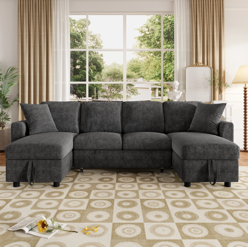 Divano letto modulare in chenille con contenitore e ricarica integrata