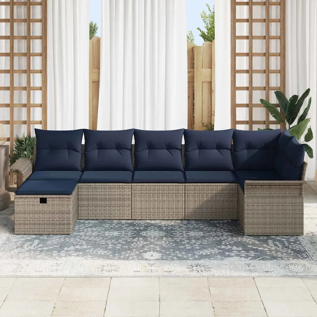 Set Divano da Giardino 7 pcs Grigio e Blu Navy polyrattan