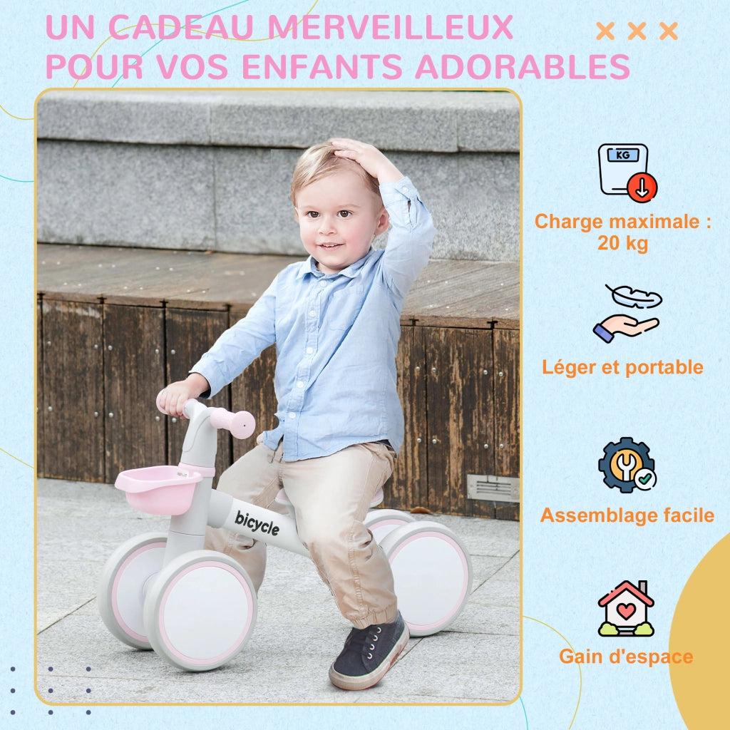 Bicicletta Senza Pedali Bambini 4 Ruote ¨C Zephmum ¨C Grigio Bianco Rosa 1-3 Anni