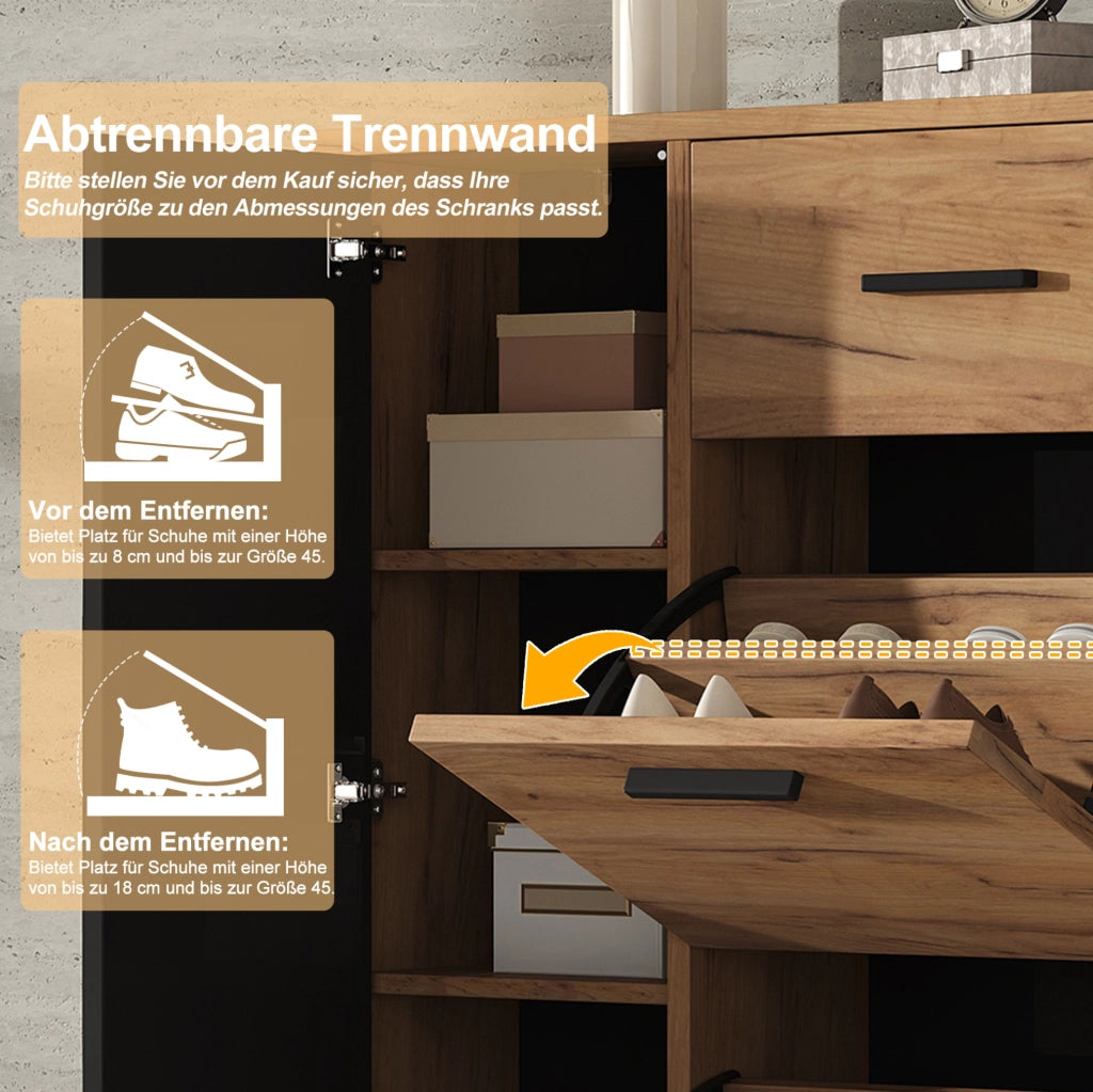 Mobile portascarpe con cassetto e 3 ante; ripiani regolabili; 80x24x95;5 cm; nero e naturale