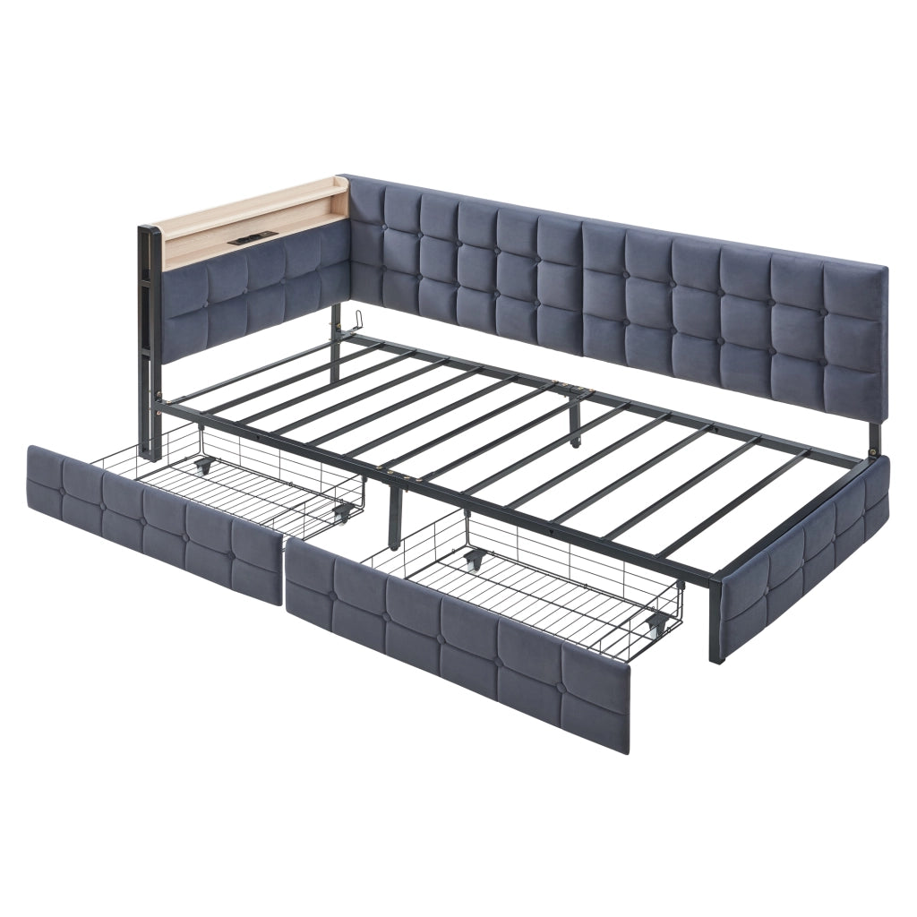 Letto singolo 90×200 cm con 2 cassetti; LED; USB e Type-C; senza materasso; tessuto; grigio
