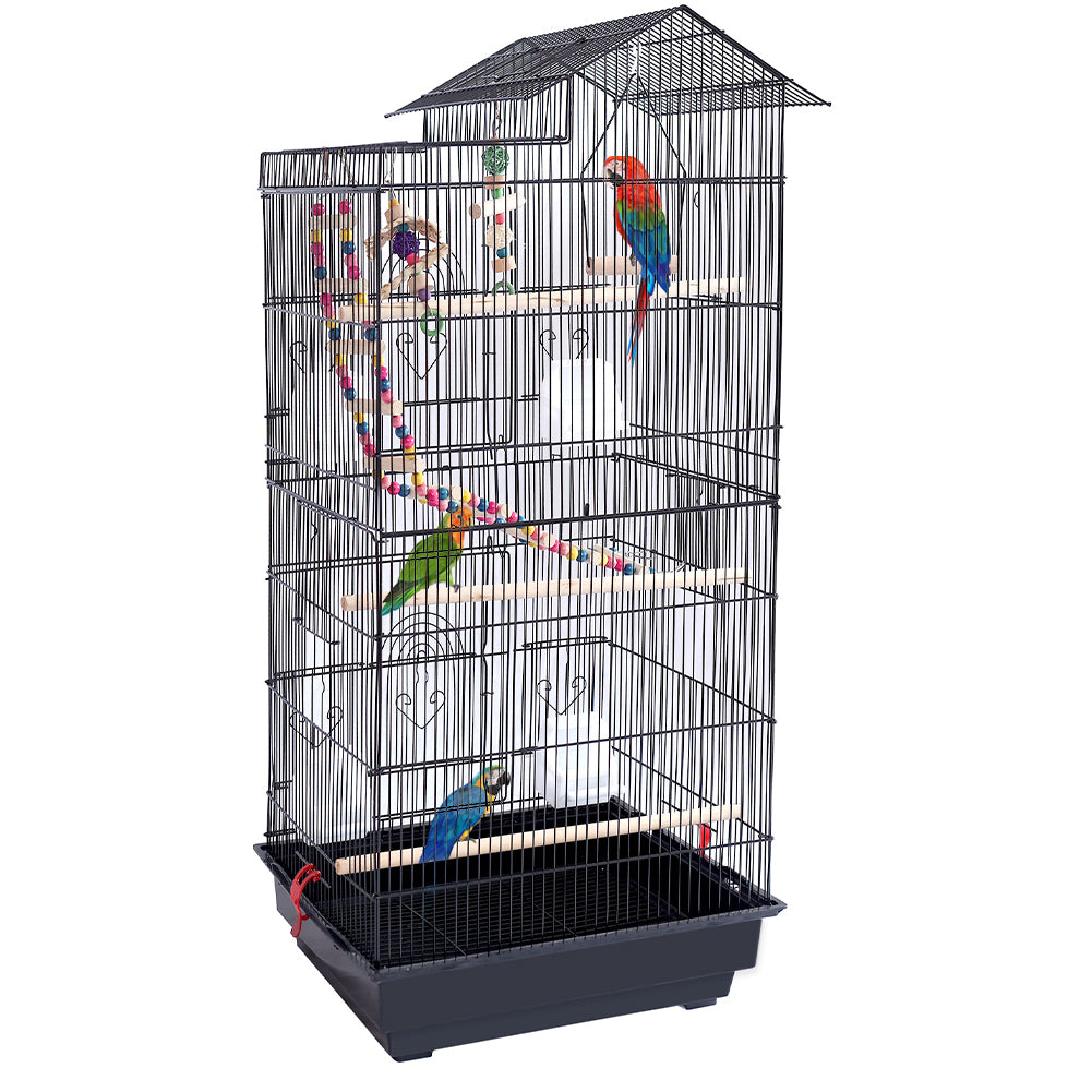 Gabbia Voliera Nera per Uccelli Volatili Pappagalli con 2 Aperture e Giocattoli