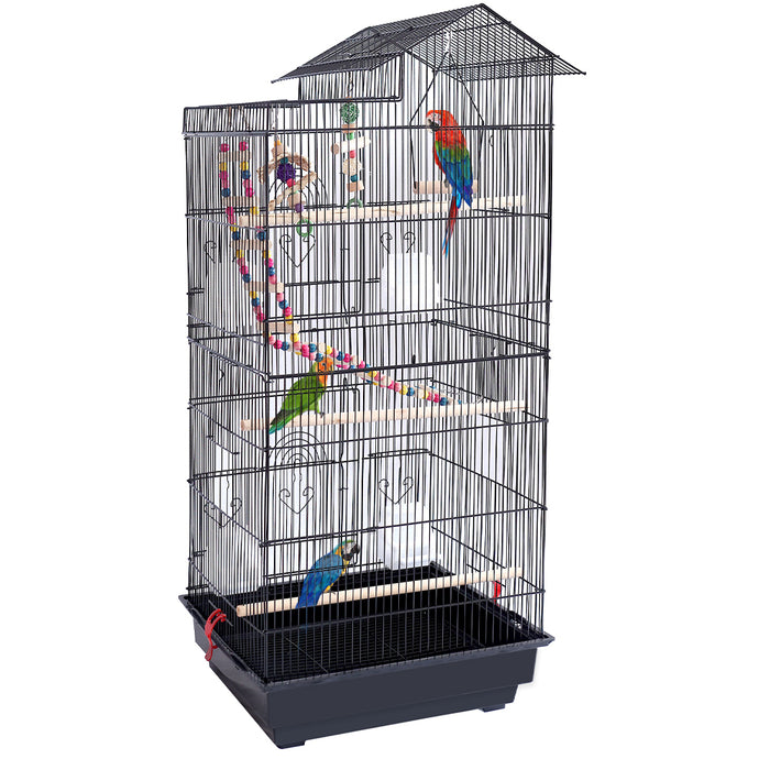 Gabbia Voliera Nera per Uccelli Volatili Pappagalli con 2 Aperture e Giocattoli