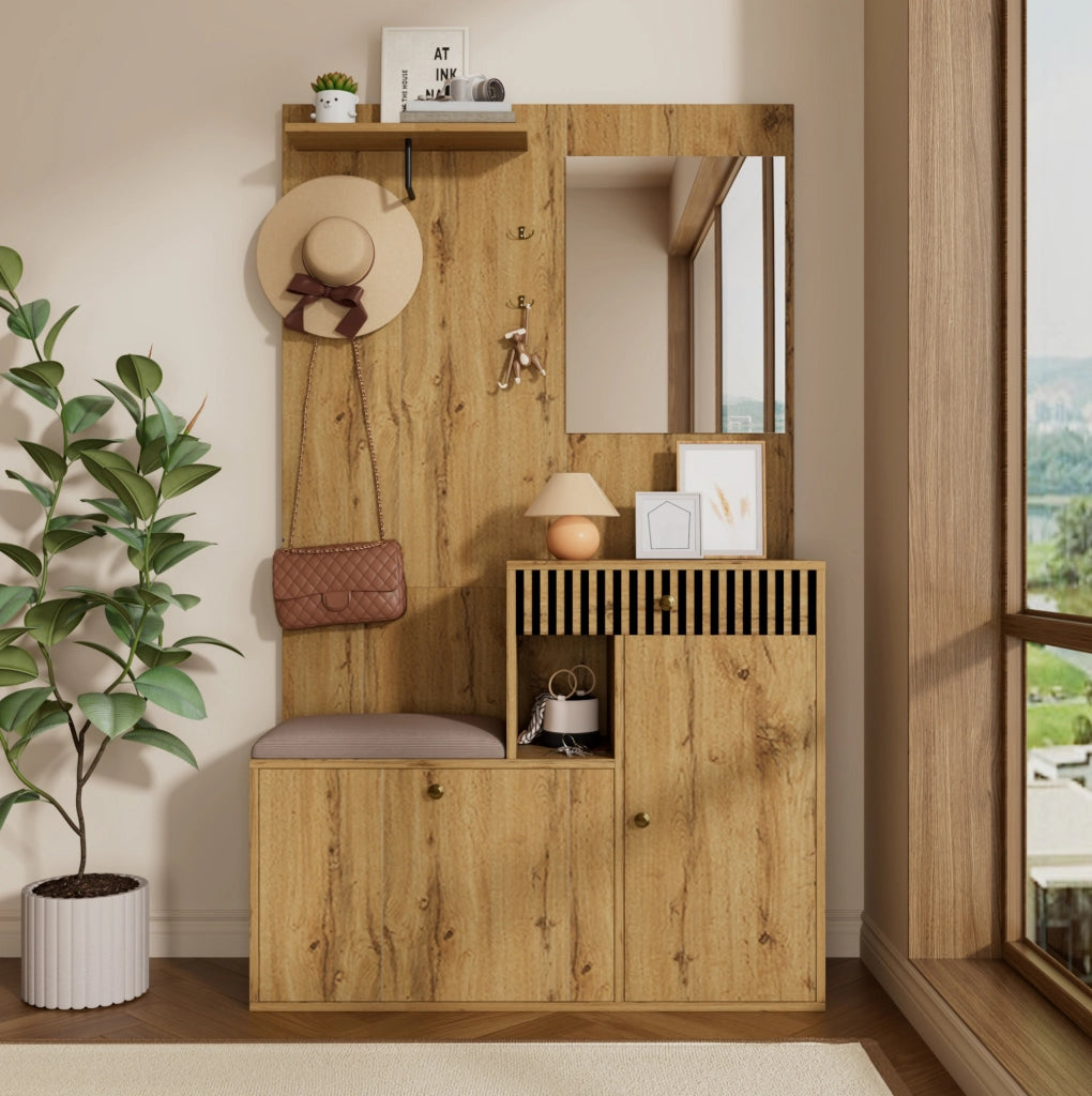 Mobile da ingresso con specchio 110x37x185，5 cm in MDF naturale e nero
