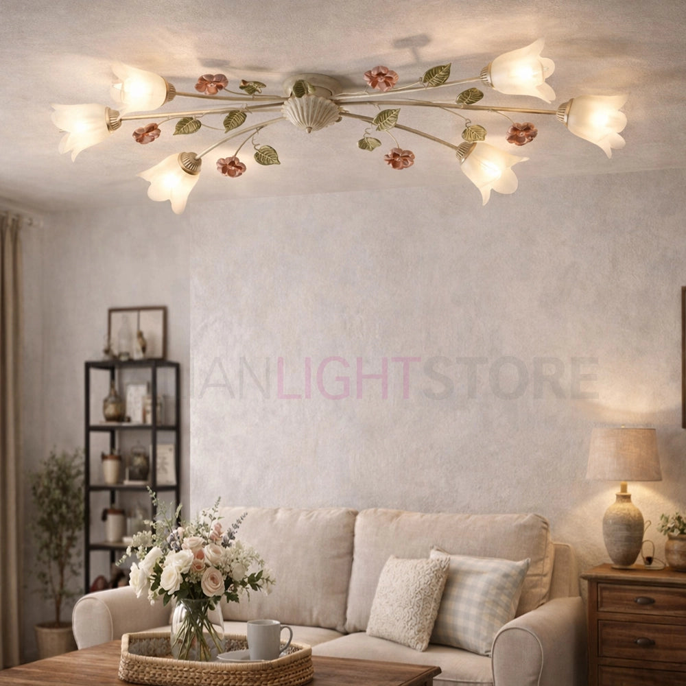 SPRING Plafoniera Allungata a 6 Luci in Ferro Decorato Stile Floreale