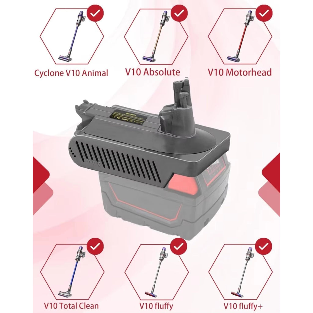 Adattatore Batteria per Aspirapolvere compatibile con Dyson V10 – Compatibile con Batterie Milwaukee 18V