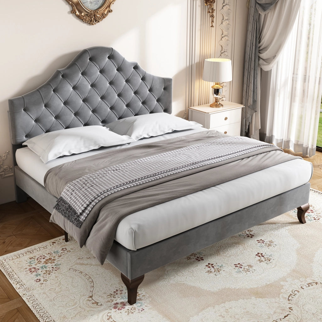 OKWISH Letto Imbottito 140×200 cm, Letto Matrimoniale con Testiera Regolabile e Rete a Doghe, senza Materasso, in Velluto, Grigio