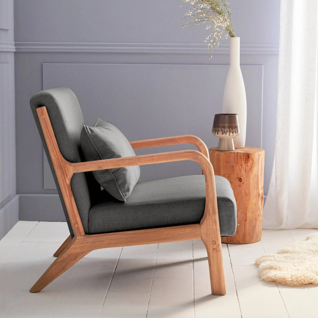 Poltrona scandinava in legno e tessuto con braccioli, grigio scuro