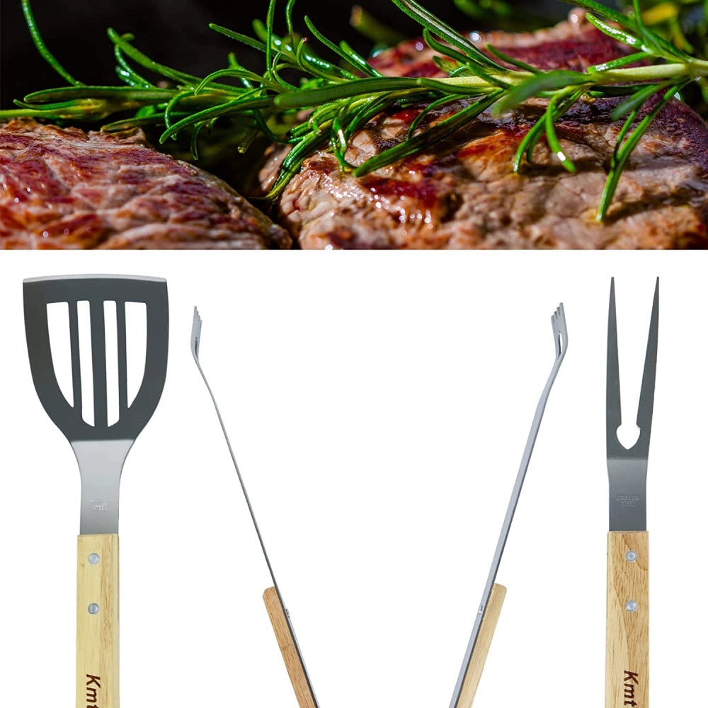 Trade Shop - Set 3 Attrezzi Griglia Barbecue Forchettone Pinza Spatola In Acciaio Manico Legno -