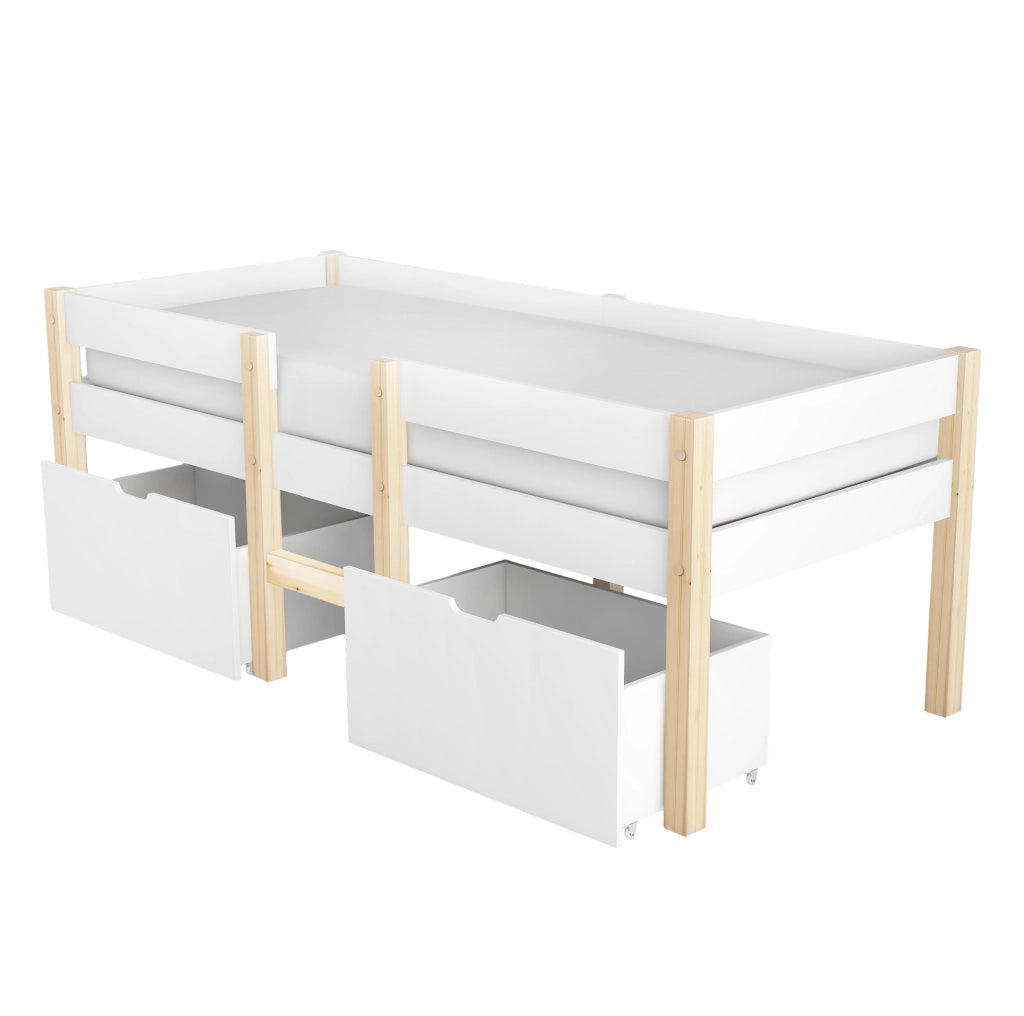Letto per bambini 90x190 cm semi alto con cassetti e barriera; legno bianco (Senza materasso)