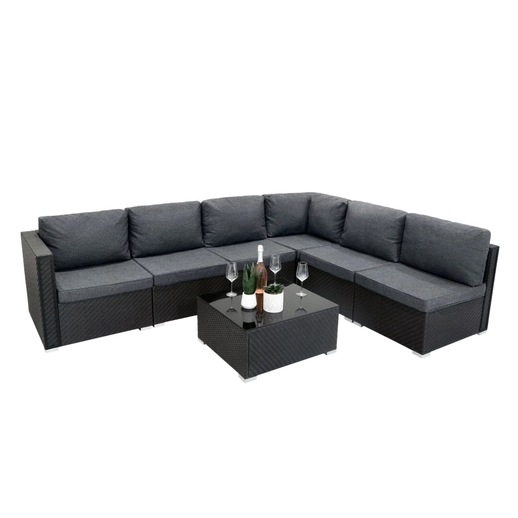 Set Divani Rattan Nero 7 Pezzi da Giardino con Cuscini e Tavolino