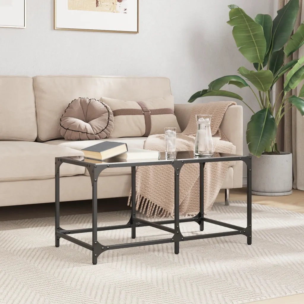 Tavolino con Piano in Vetro-Tavolino da soggiorno-Tavolo Nero 78,5x40x40 cm Acciaio 843010