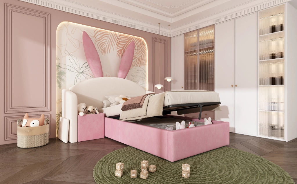 Letto per bambini 90 × 200 cm con contenitore idraulico, comodino reversibile, senza materasso, velluto, beige e rosa