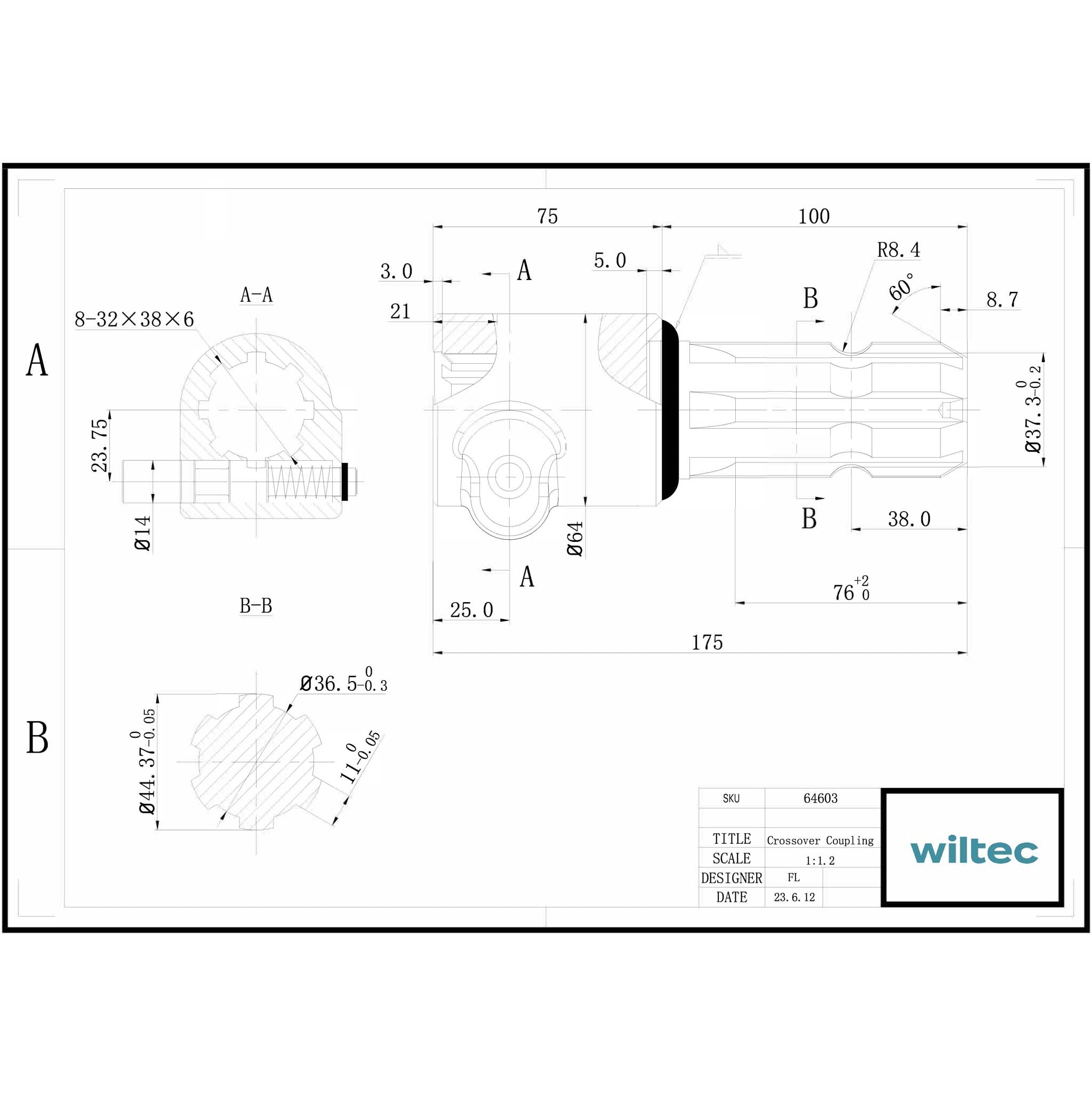Boccola albero cardanico 175mm Attacco albero scanalato 8-32x38x6 per albero uscita 1 3/4" 6D