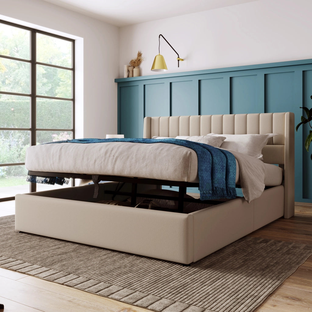 Letti contenitori 160x200 cm; idraulico; lino; beige (Senza materasso)