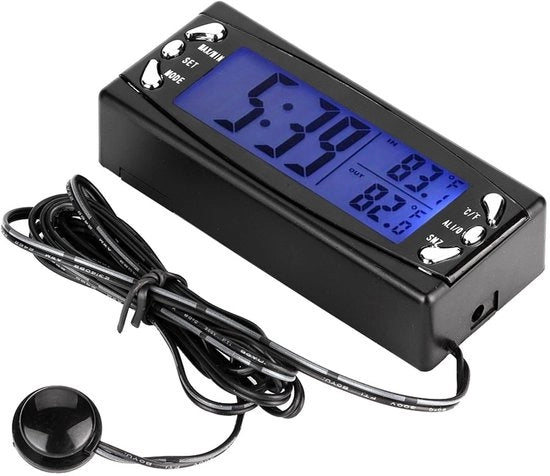 Termometro Digitale Auto - Temperatura Interna/Esterna - Orologio con Allarme - Schermo LCD - Visualizzazione 12/24 Ore - Installazione Facile