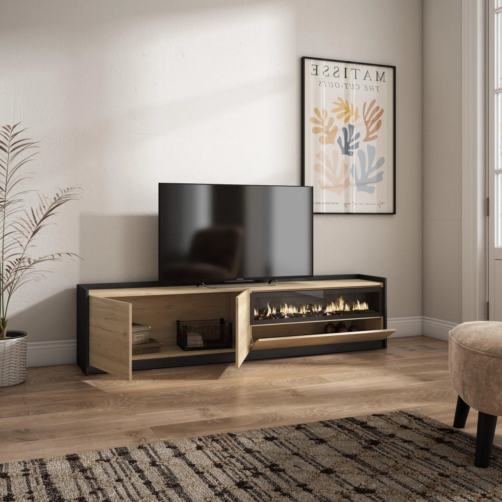 Mobile TV Soggiorno, 207x50x37 cm, Per TV fino a 80", Camino elettrico, Rovere e nero