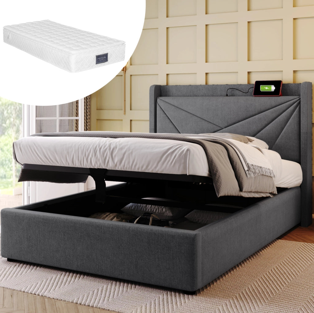 Letto singolo con contenitore 90x200 cm in cotone e lino grigio; con USB e USB-C