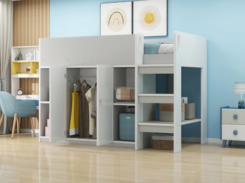 DESMIU Letto a Soppalco per Bambini 1 Posto con Armadio, Scaffali e Scala 90 × 200 cm, senza materasso