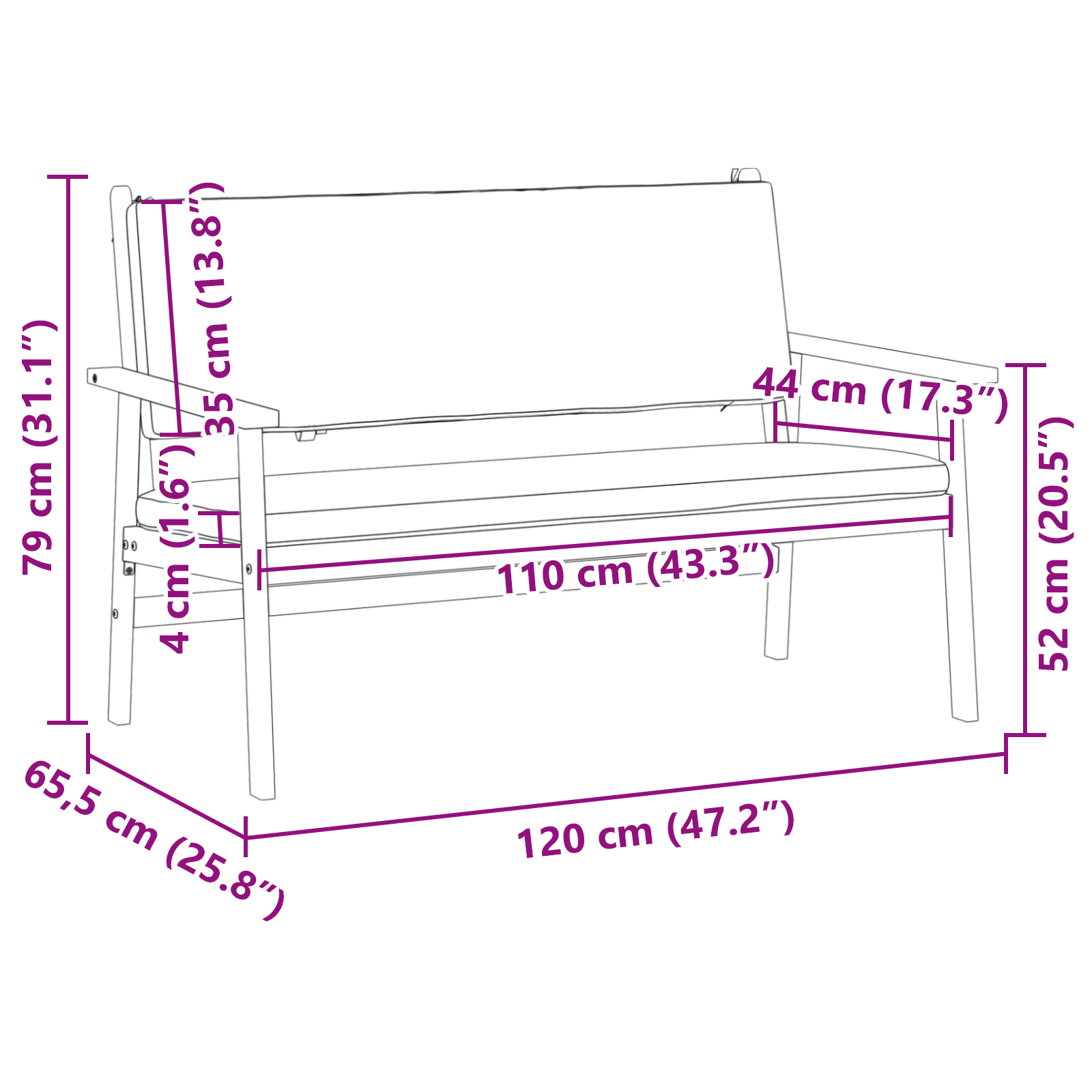 Panchina da giardino  con cuscini in legno massello di acacia