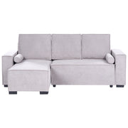 Divano letto angolare a 3 posti con rivestimento in tessuto grigio lato destro con braccioli contenitore reversibile stile moderno soggiorno
