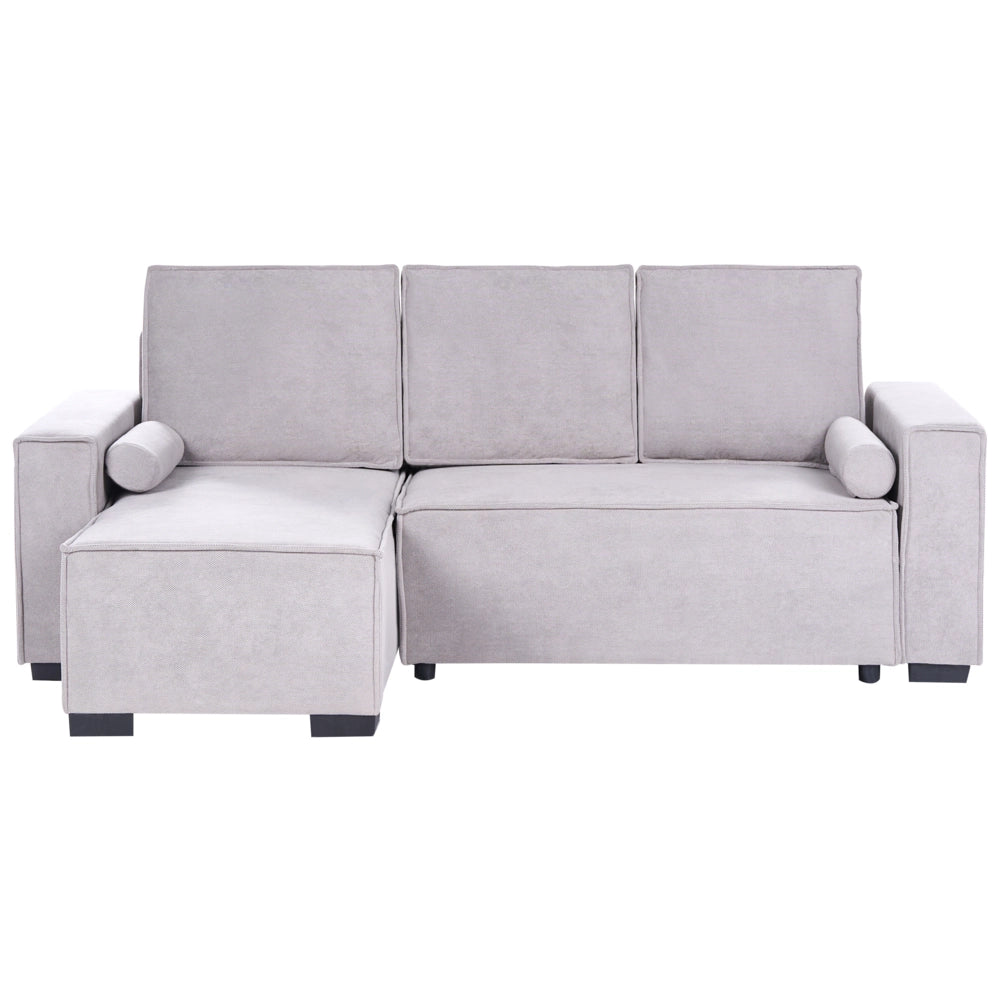 Divano letto angolare a 3 posti con rivestimento in tessuto grigio lato destro con braccioli contenitore reversibile stile moderno soggiorno