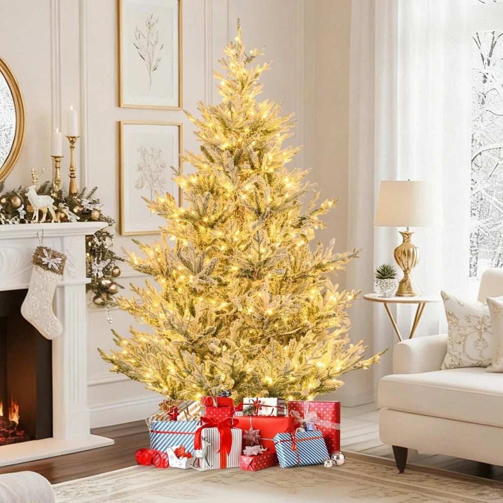 Albero Artificiale Preilluminato 210 cm, Albero di Natale Innevato con 450 Luci LED, 13 Modalità, Timer, Luminosità Regolabile e 1074 Rami, Decorazioni per Casa e Ufficio (210 cm)