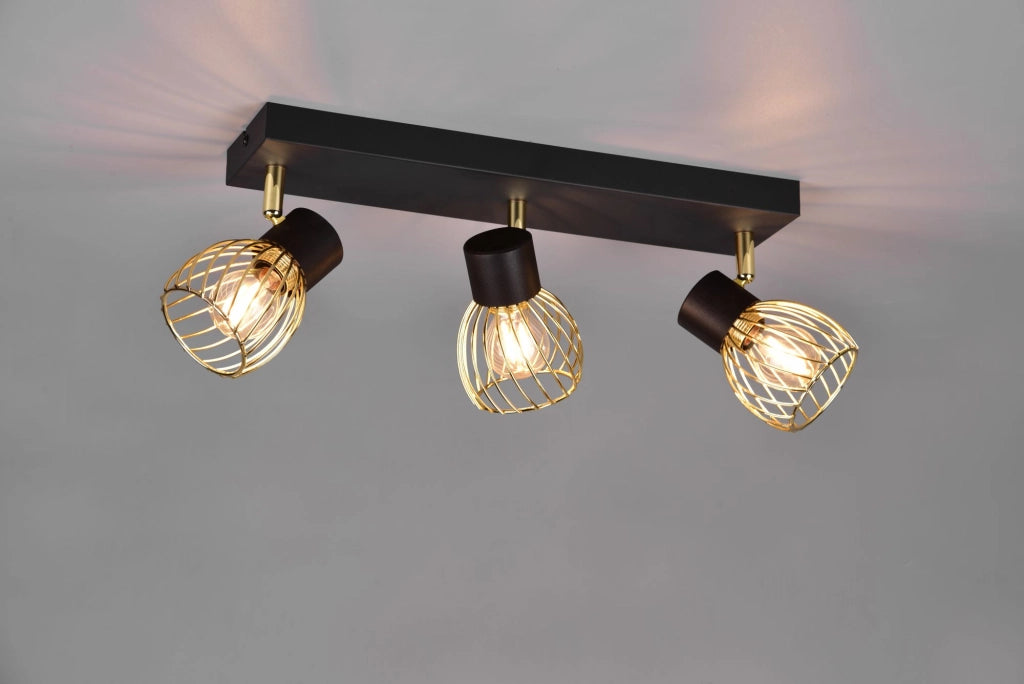 ARDON BARRA 3 FARETTI METALLO NERO CON GABBIA ORO L.43CM 3 LUCI ATTACCO E14