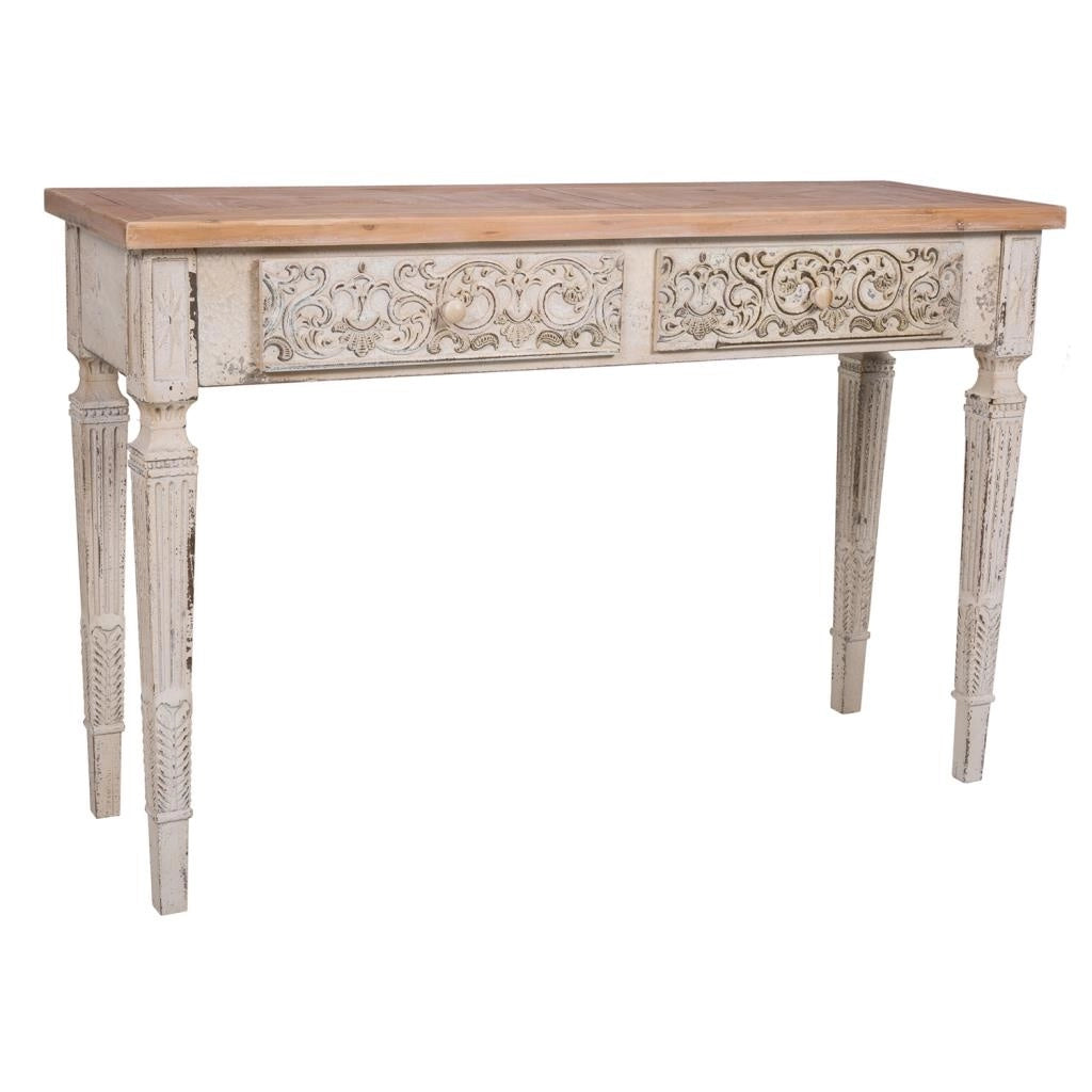 Mueble de entrada in legno bianco invecchiato e naturale con 2 cassetti 120x40x78h cm