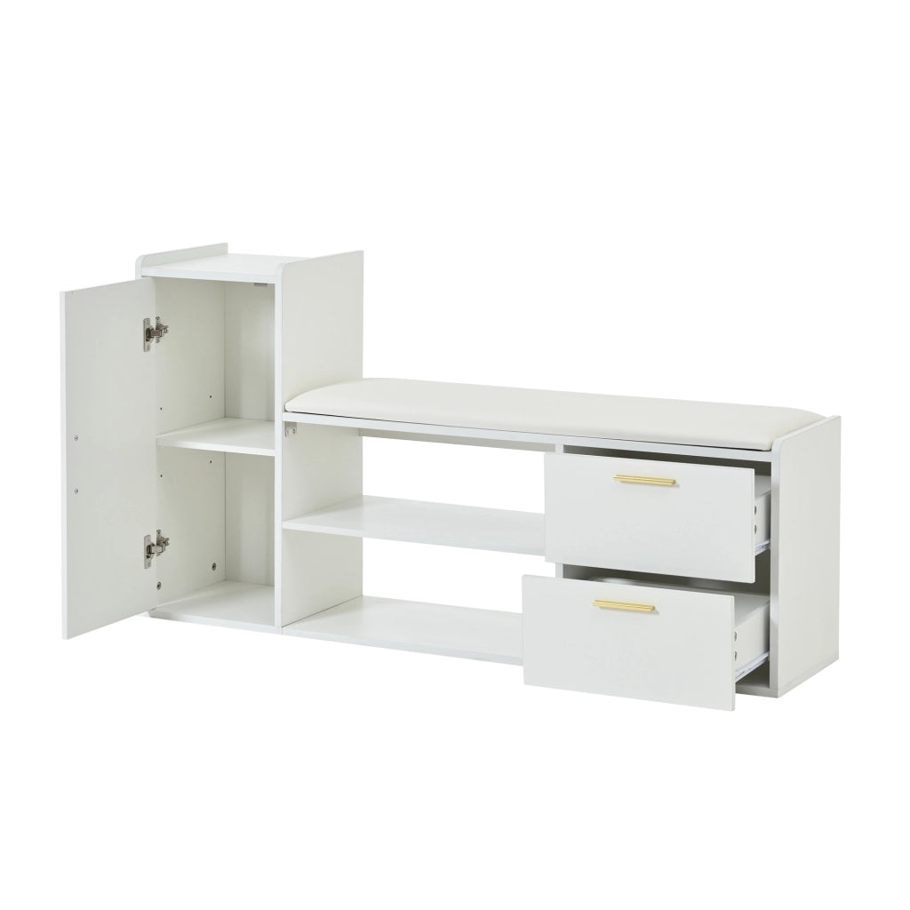 Scarpiera con 2 cassetti e 1 anta, seduta imbottita e ripiani aperti, per ingresso, bianco 128 × 30 × 68 cm
