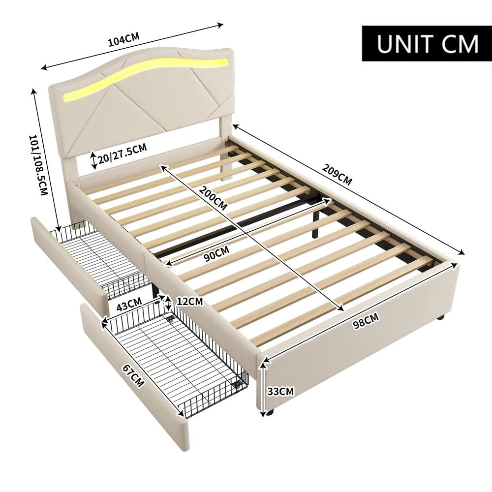 Letto Imbottito con LED e Cassetti ¨C MINIMAL ¨C Testiera Regolabile, Tessuto Beige, 90x200