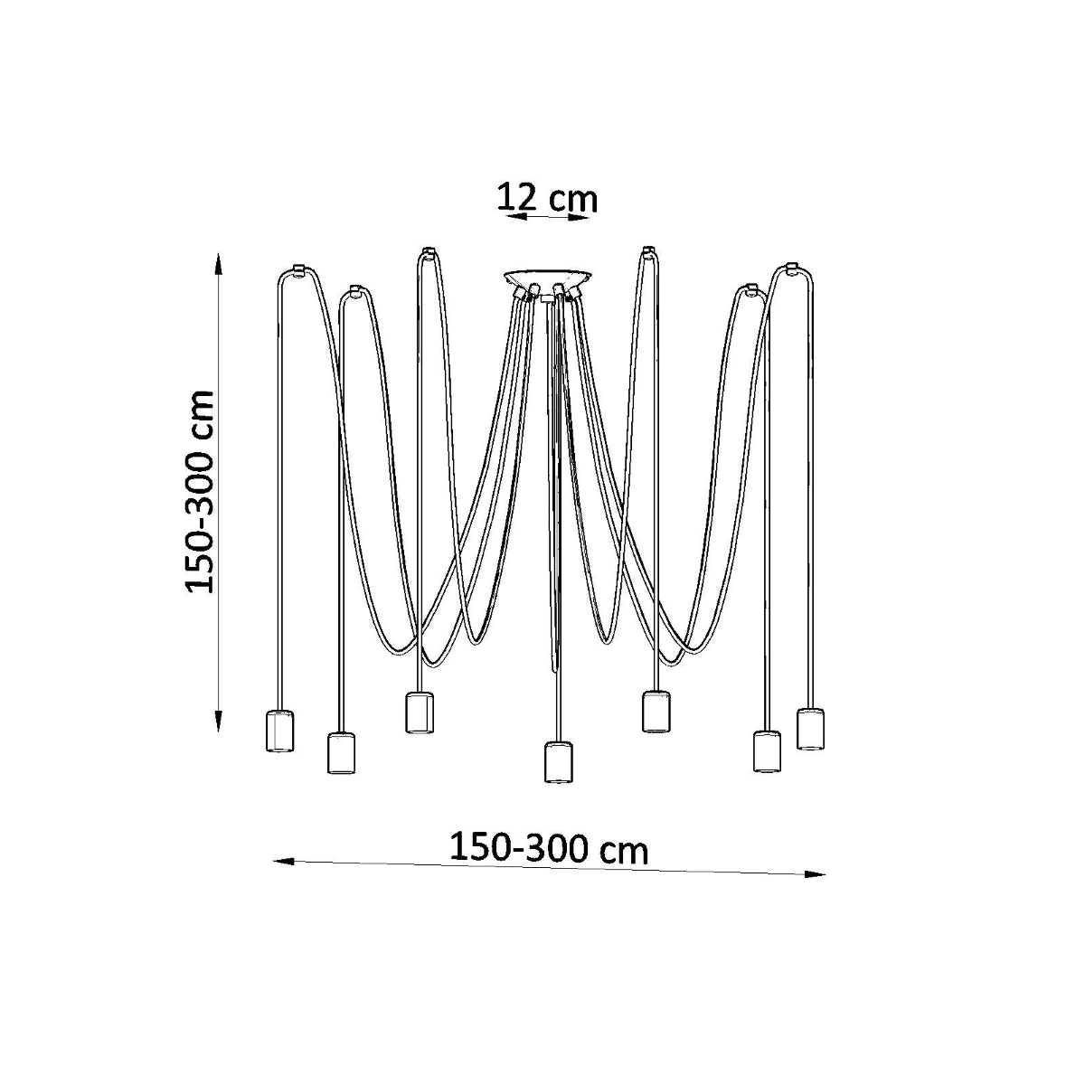 Lampada a sospensione Loft EDISON Nickel a 7 luci, tessuto in acciaio nero, 300 cm