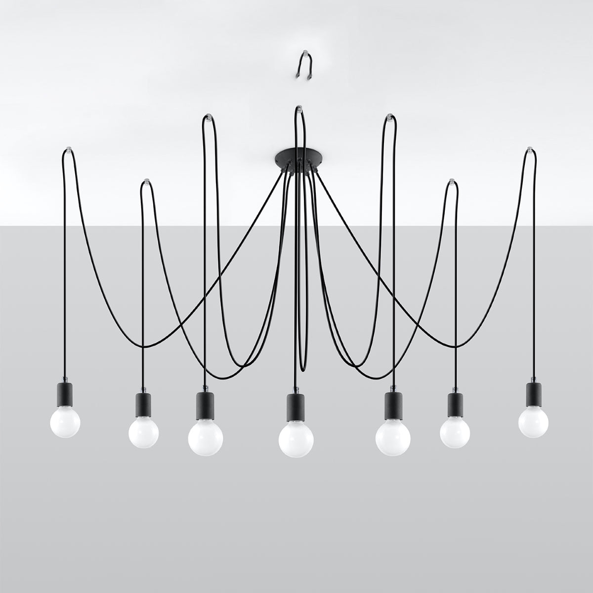 Lampada a sospensione Loft EDISON Nickel a 7 luci, tessuto in acciaio nero, 300 cm