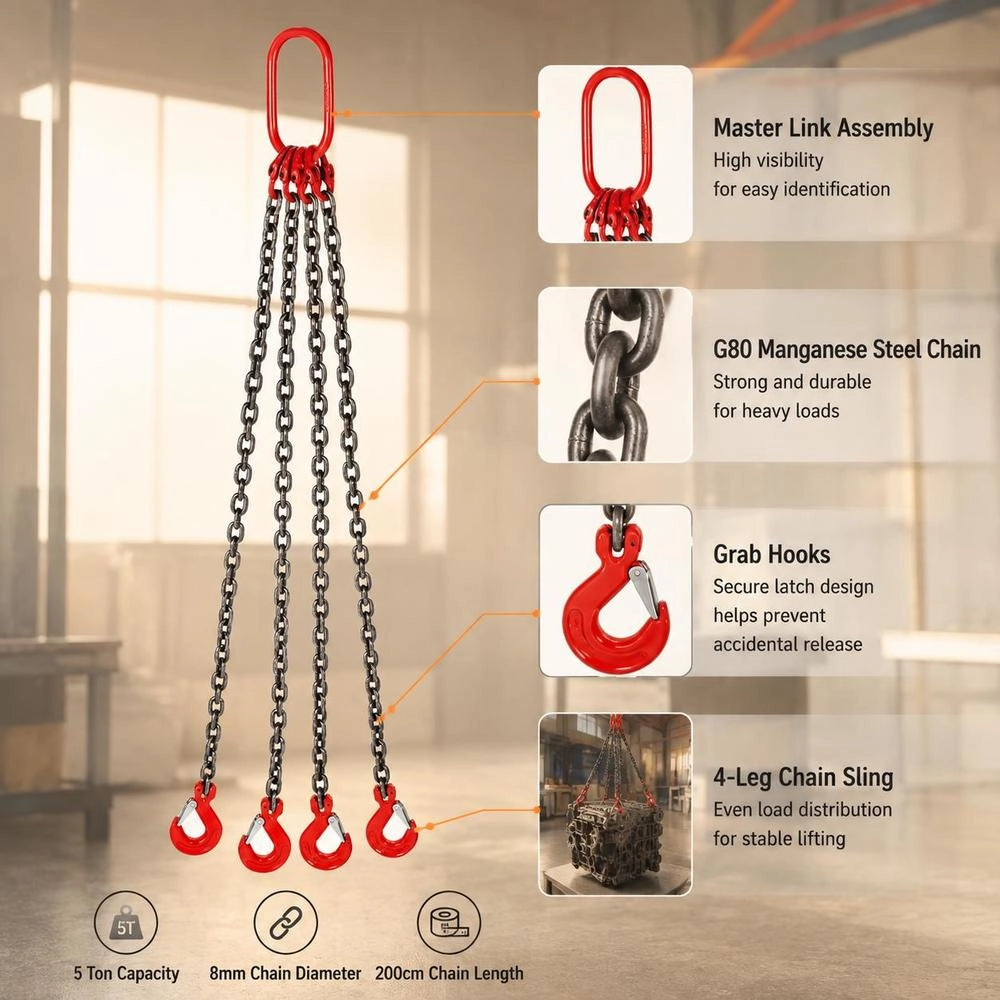 Chain Sling - 10.16 Mm X 2.01 M, Four-legged With Steel Hook - Grade 80