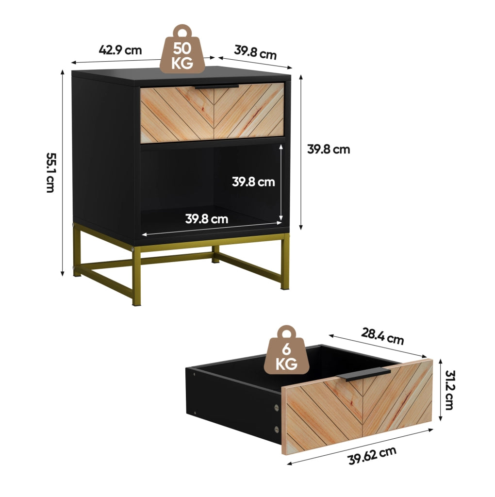 Comodino 43x40x55 cm con cassetto e vano aperto in MDF nero e naturale