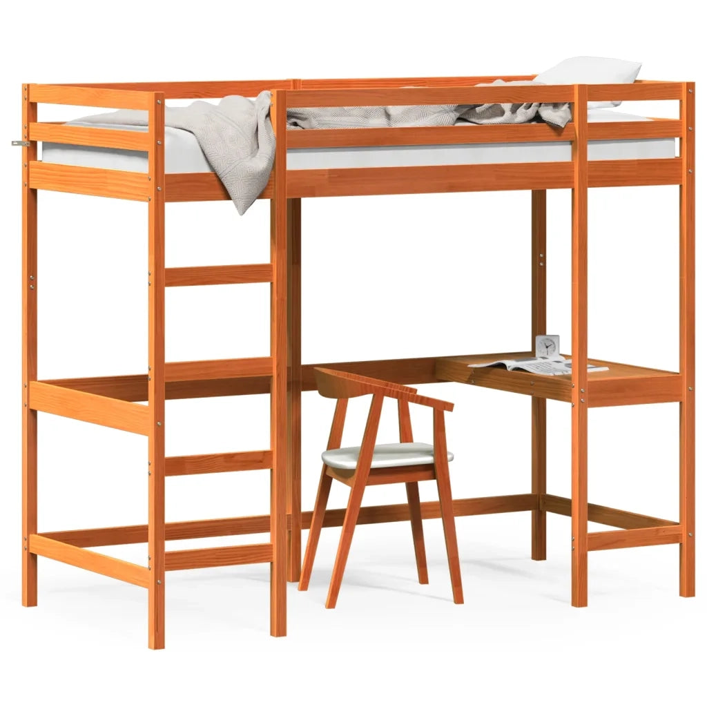 Letto singolo | Letto per adulti | Letto Soppalco con Scrivania Marrone Cera 90x200 cm Legno Pino