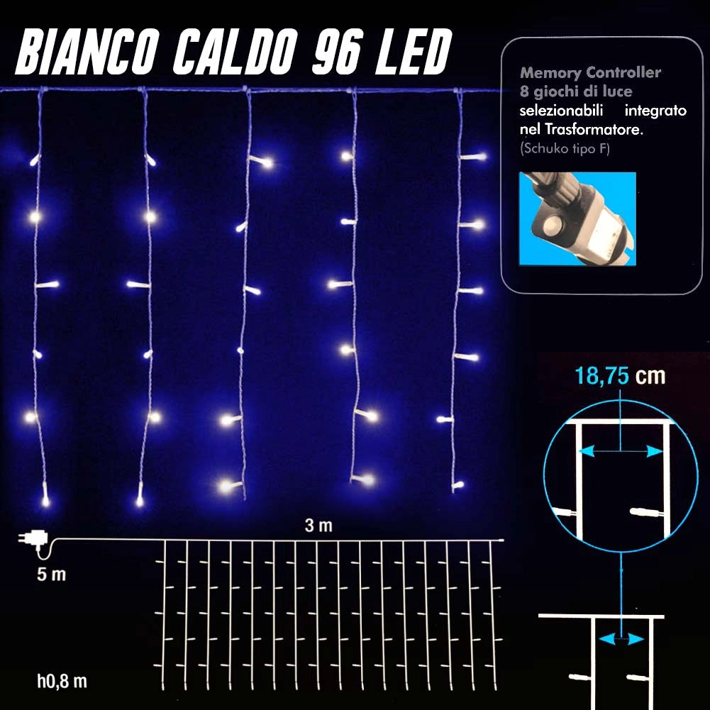Tenda Luminosa Natalizia 96 LED Luce Blu 3 METRI Interno Esterno Luci Cavo 5mt