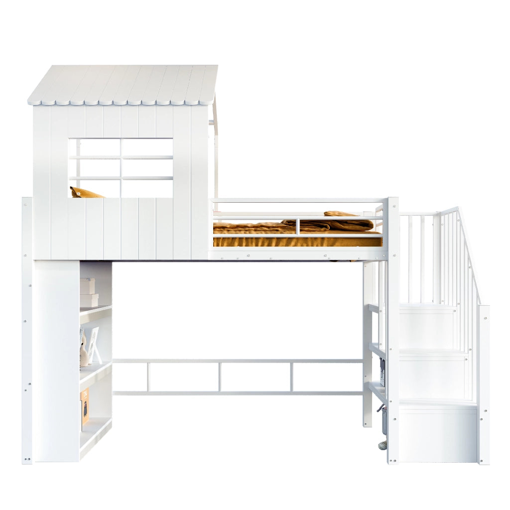 Letto in ferro a soppalco 90×200 cm bianco design della casa corrimano di sicurezza mensole scala sinistra/destra