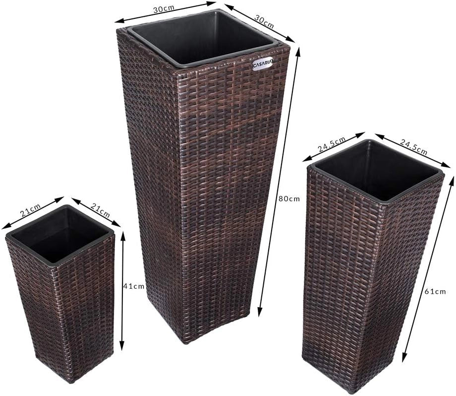 Deuba CASARIA® Set di 3 Vasi da Fiori in Polyrattan Intrecciato con Sottovaso e Foro Deflusso Acqua Richiudibile Vaso per Piante Effetto Rattan da Esterno Giardino Fioriere Fioriera