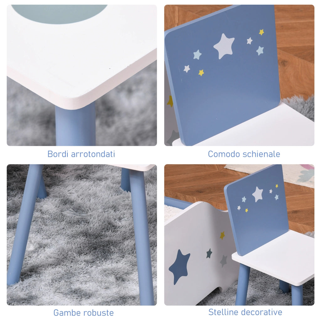 Tavolo con Sedie Bambini e Bambine 2-4 Anni in Legno Azzurro e Bianco