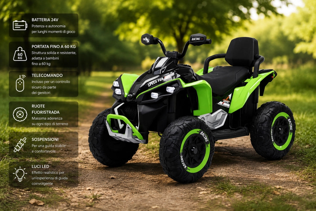 Quad Elettrico per Bambini ATV Safari Gold 24V fino a 60 kg con Telecomando Verde
