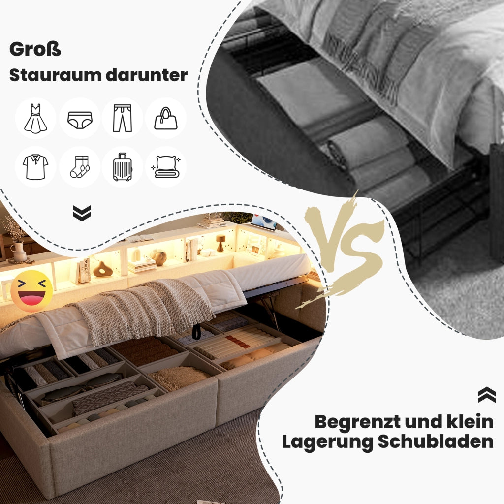 DESMIU Letto divano 90 × 200 cm 1 posto con LED regolabile, USB, Type-C e contenitore idraulico, senza materasso, beige